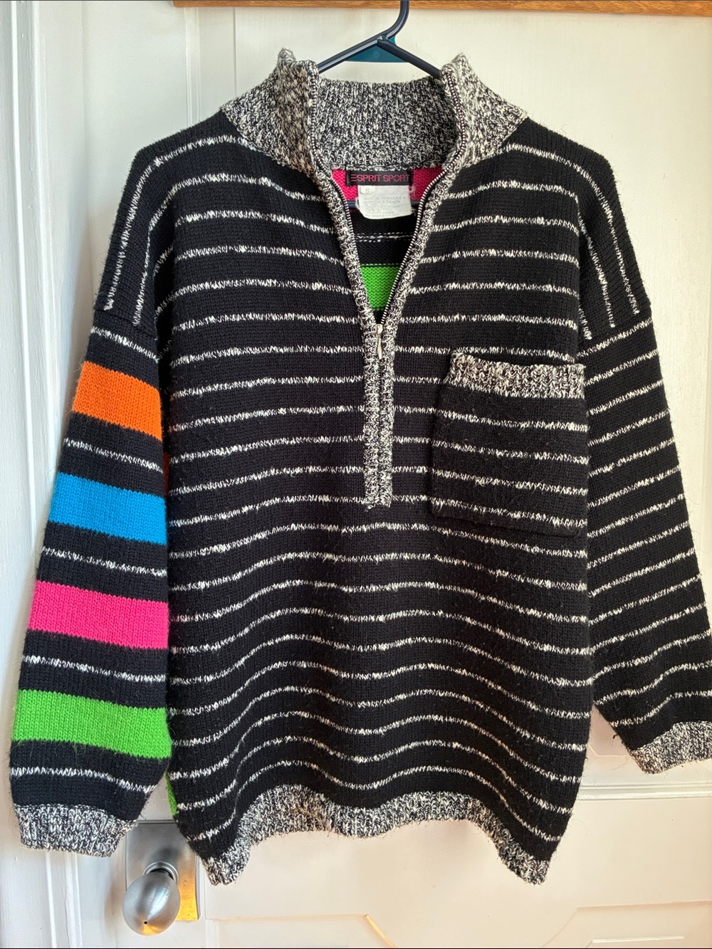 ESPRIT SPORT Vintage Black Striped Half-Zip Sweater with Neon Accent Sleeve